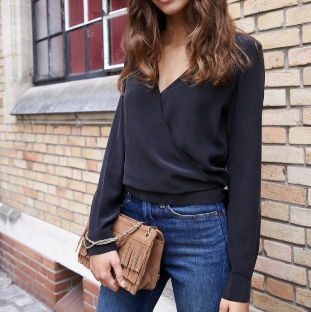 Sezane Ella Black Silk Wrap Blouse